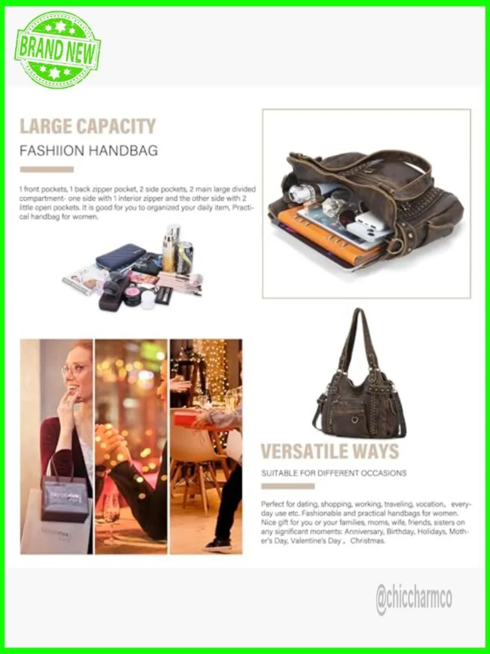 Soft PU Leather Hobo Shoulder Bag with Multiple Pockets